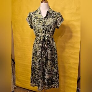 Signature Robbie Bee Olive Green Floral Button-Front Midi Dress with Tie Waist